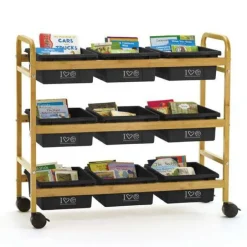 Bamboo Book Browser Cart w/ 9 Open Storage Bins