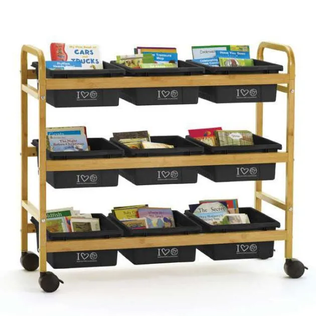Bamboo Book Browser Cart w/ 9 Open Storage Bins