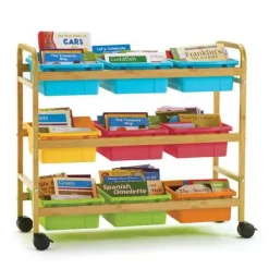 Bamboo Book Browser Cart w/ 9 Open Storage Bins