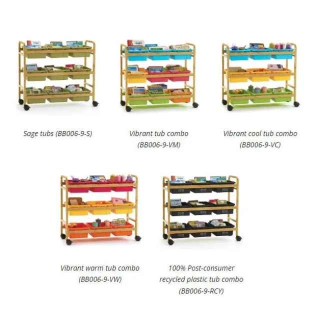 Bamboo Book Browser Cart w/ 9 Open Storage Bins