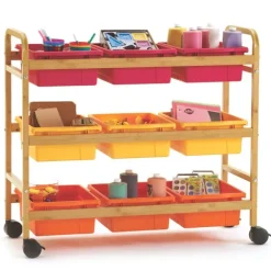 Bamboo Book Browser Cart w/ 9 Open Storage Bins