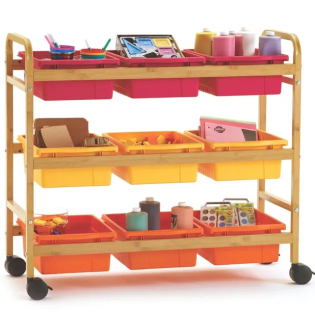Bamboo Book Browser Cart w/ 9 Open Storage Bins