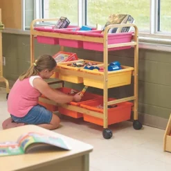 Bamboo Book Browser Cart w/ 9 Open Storage Bins