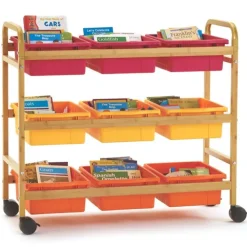 Bamboo Book Browser Cart w/ 9 Open Storage Bins