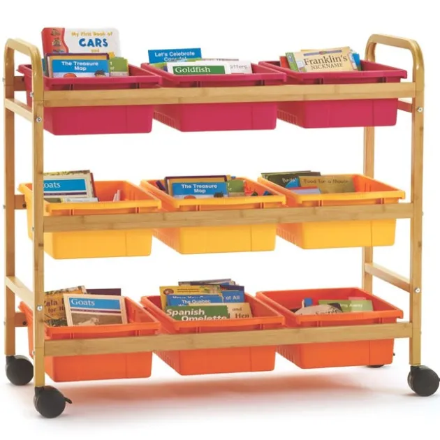 Bamboo Book Browser Cart w/ 9 Open Storage Bins