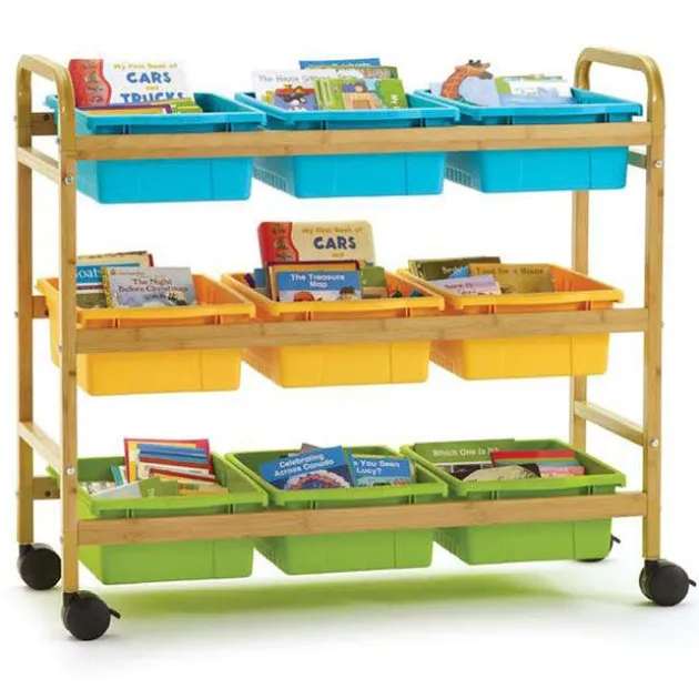 Bamboo Book Browser Cart w/ 9 Open Storage Bins