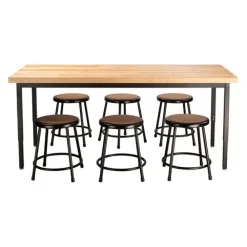 Butcher Block Height Adjustable Table (30'' x 72'') with 6 Black Frame Stools
