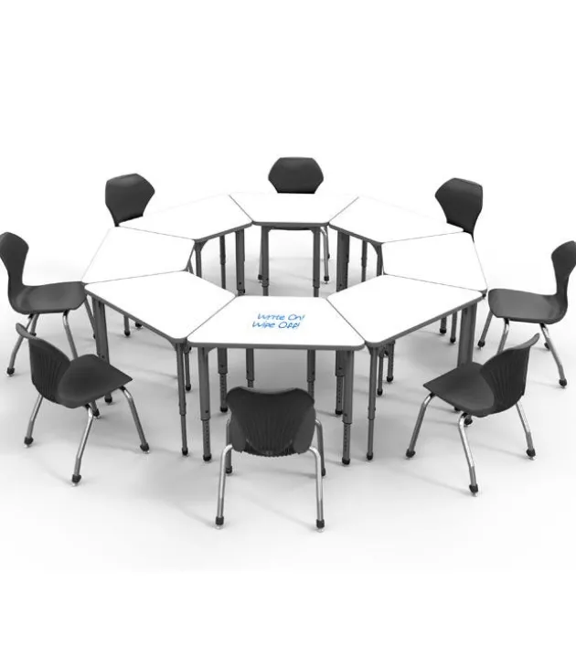 Classroom Set - 8 Apex Stack Chairs (18'' H - 5th-Adult) & 8 Trapezoid Dry Erase Student Apex Desks