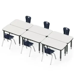 Classroom Set - 6 Rectangle Dry Erase Synergy Student Desks and Stack Chairs