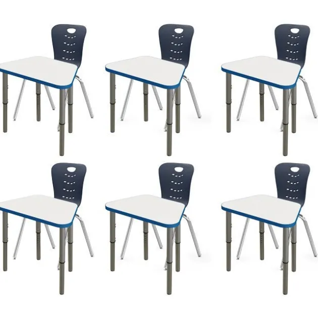 Classroom Set - 6 Trapezoid Synergy Dry Erase Synergy Student Desks and Stack Chairs