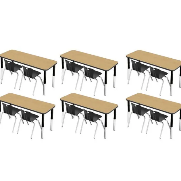 Classroom Set - 6 Two-Student Rectangle Synergy Desks with 12 Stack Chairs