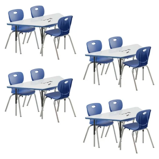 Deluxe Dry Erase Activity Table & Classic Student Chair Packages (30" x 60" Trapezoid - 4 Tables & 12 Chairs)