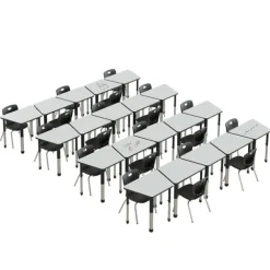 Dry Erase Deluxe HPL Height Adjustable Collaborative Desk Package w/ 20 Trapezoid Desks & 20 Chairs