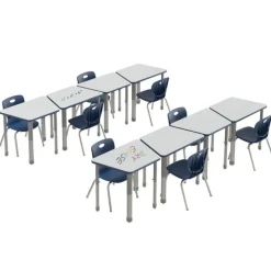 Dry Erase Deluxe HPL Height Adjustable Collaborative Desk Package w/ 8 Trapezoid Desks & 8 Chairs