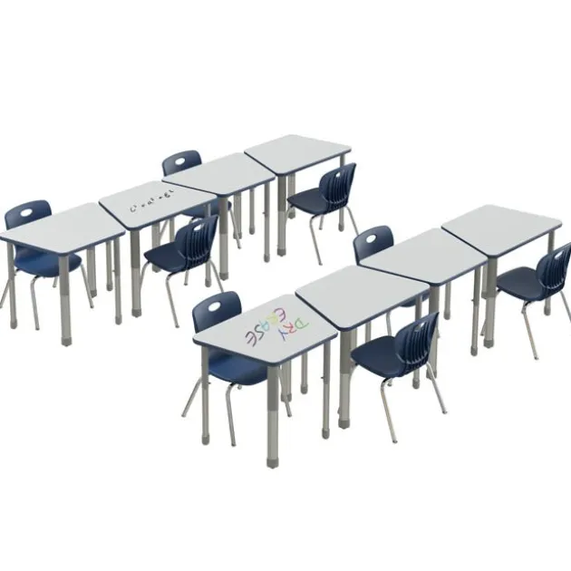 Dry Erase Deluxe HPL Height Adjustable Collaborative Desk Package w/ 8 Trapezoid Desks & 8 Chairs