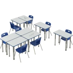 Dry Erase Deluxe HPL Height Adjustable Collaborative Desk Package w/ 8 Rectangle Desks & 8 Chairs