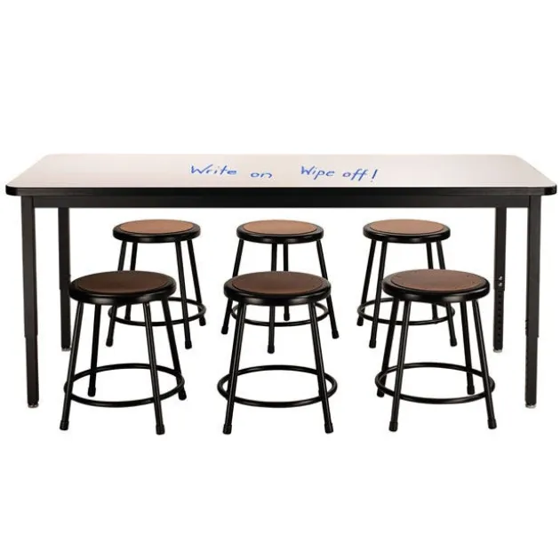 Dry Erase Height Adjustable Table (30'' x 72'') with 6 Black Frame Stools