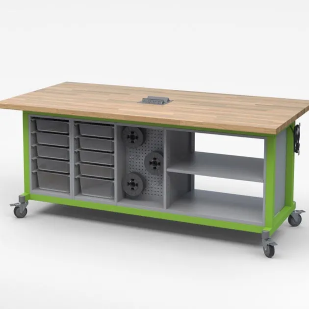 Explorer Dual 10-Bin Open Storage Cabinet with Peg Board Maker Table With Power Module