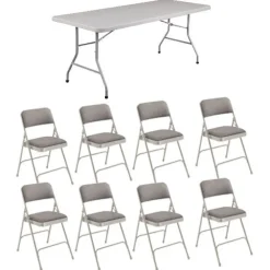 Folding Rectangle Table (30'' x 72'') with Eight Padded Folding Chairs