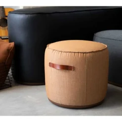 Indie Large Oval Pouf w/ Leather Handles - 16-1/2" H