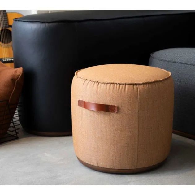 Indie Small Round Pouf w/ Leather Handles - 12" H