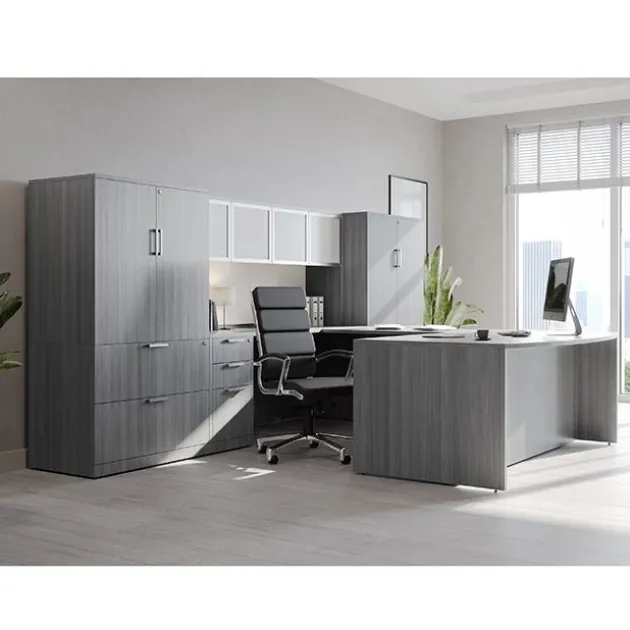 OS Laminate Bow Front Executive Desk w/ Deluxe Full Pedestal & Wall Storage Unit