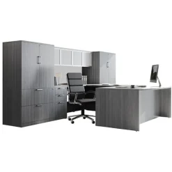 OS Laminate Bow Front Executive Desk w/ Deluxe Full Pedestal & Wall Storage Unit