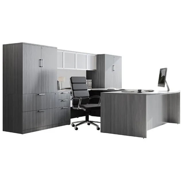 OS Laminate Bow Front Executive Desk w/ Deluxe Full Pedestal & Wall Storage Unit
