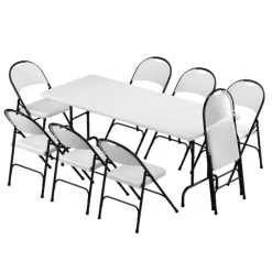 Plastic Resin Folding Table & 8 Chairs Package in Gray Granite (30''x72