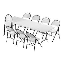 Plastic Resin Folding Table & 8 Chairs Package in Gray Granite (30''x96
