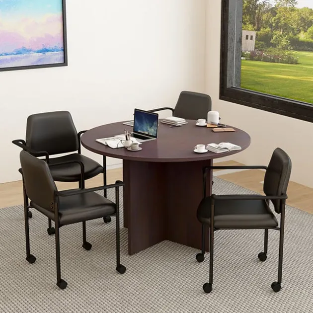 Round Conference Table Set w/ 4 Guest Chairs with Casters