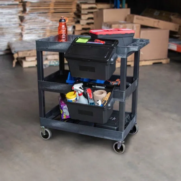 Triple Shelf XL Utility Cart with Dual Outrigger Bins